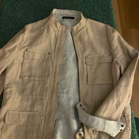 Heavyweight linen/powderblue Eli Tahari motorcycle jacket. Cinch, highlight cuff - Picture 1 of 3